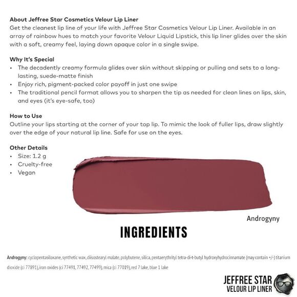 JEFFREE STAR VELOUR LIP LINER PENCIL IN ANDROGYNY DIRTY PLUM MAUVE FULL SIZE NEW - Picture 13 of 14